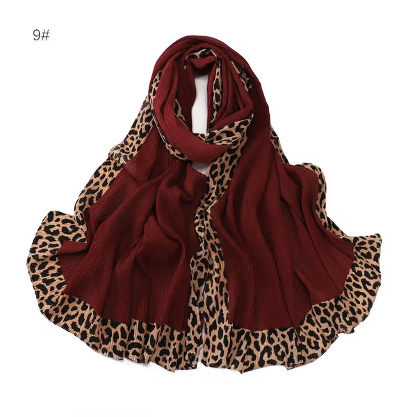 Leopard Pleated Hijab - Maroon