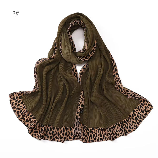 Leopard Pleated Hijab - Olive Green