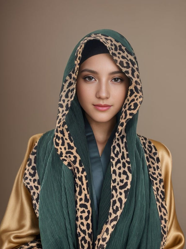Leopard Pleated Hijab - Bottle Green